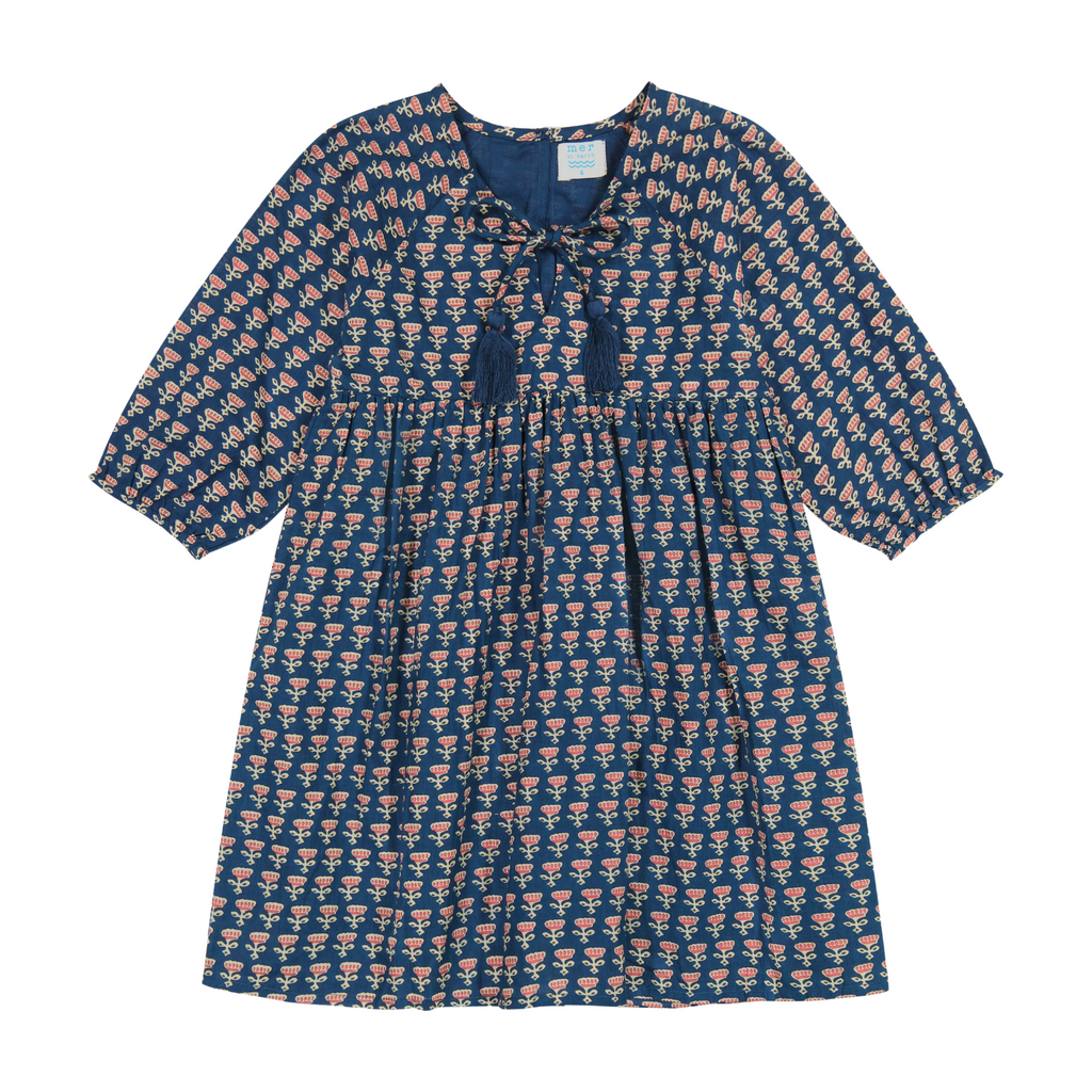 Sara Girl's Popover Dress in Blue Floral Block Print - The Well Appointed House