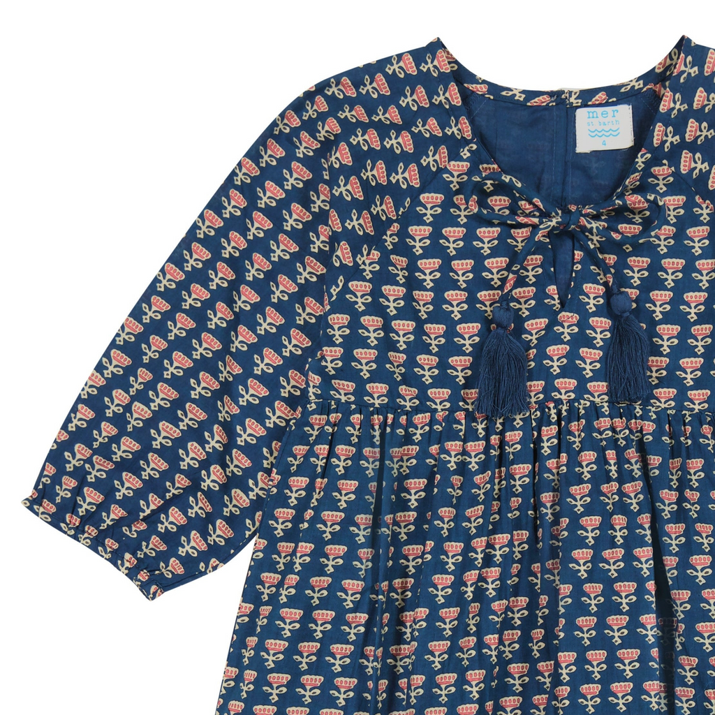 Sara Girl's Popover Dress in Blue Floral Block Print - The Well Appointed House