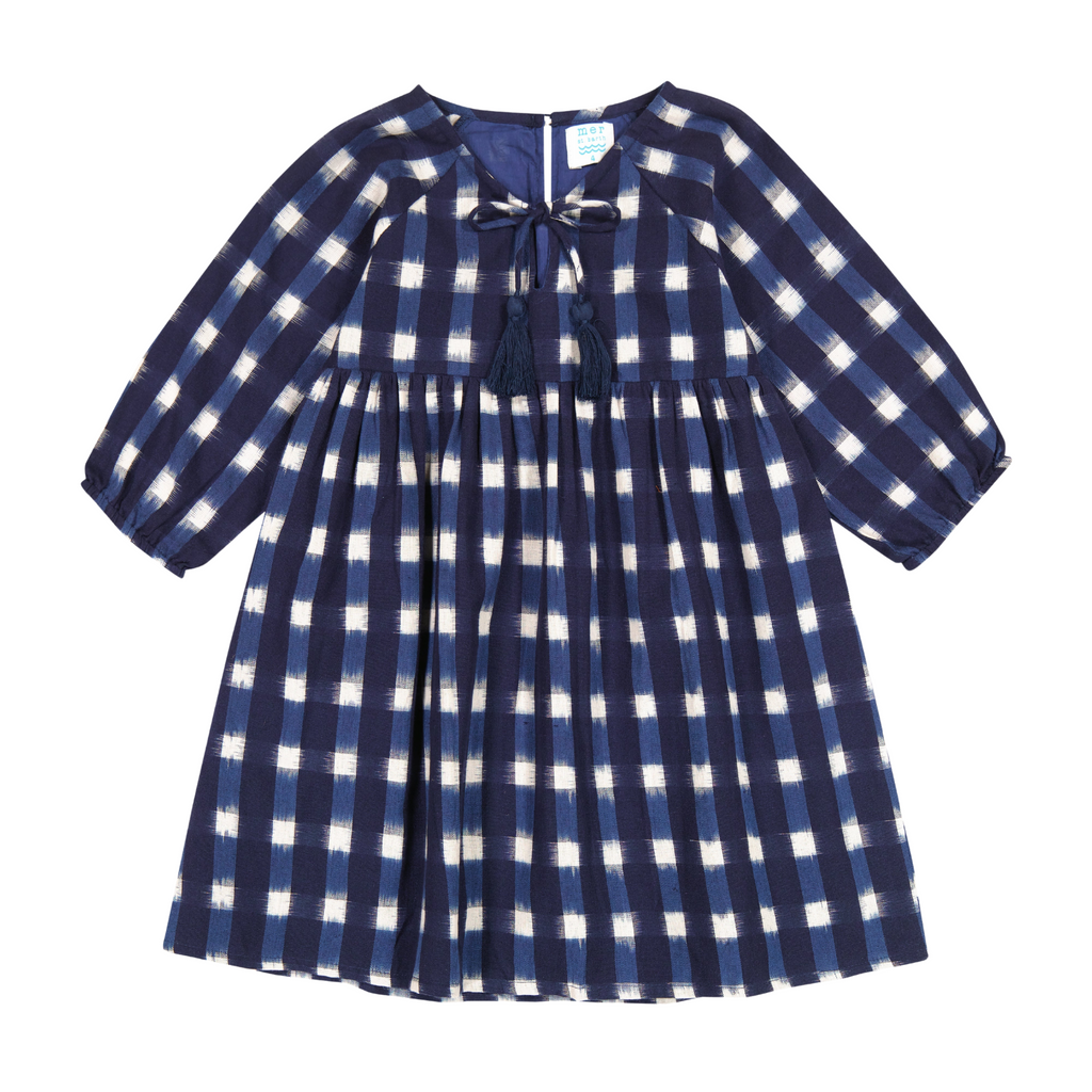 Sara Girl's Popover Dress in Midnight Blue Ikat - The Well Appointed House