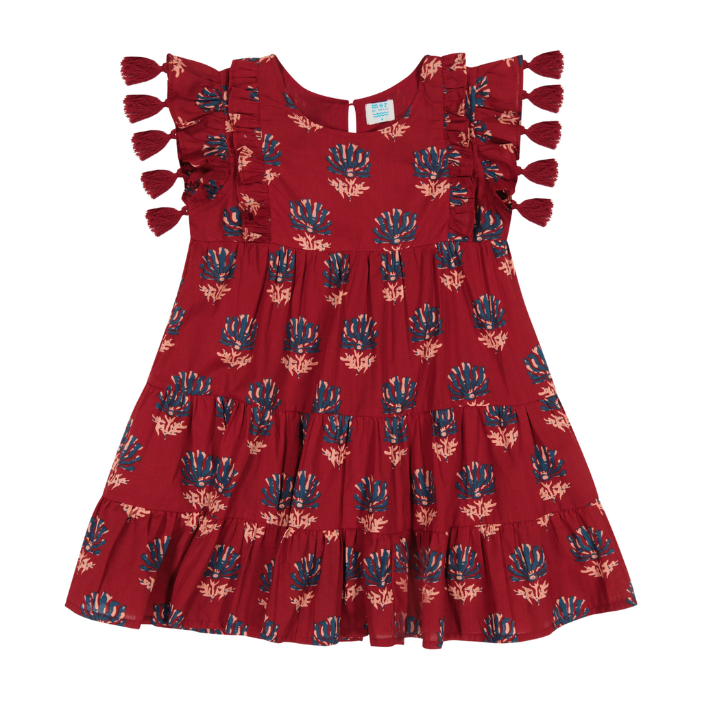 Sophie Girl's Tassel Dress in Bordeaux Floral Block Print - The Well Appointed House