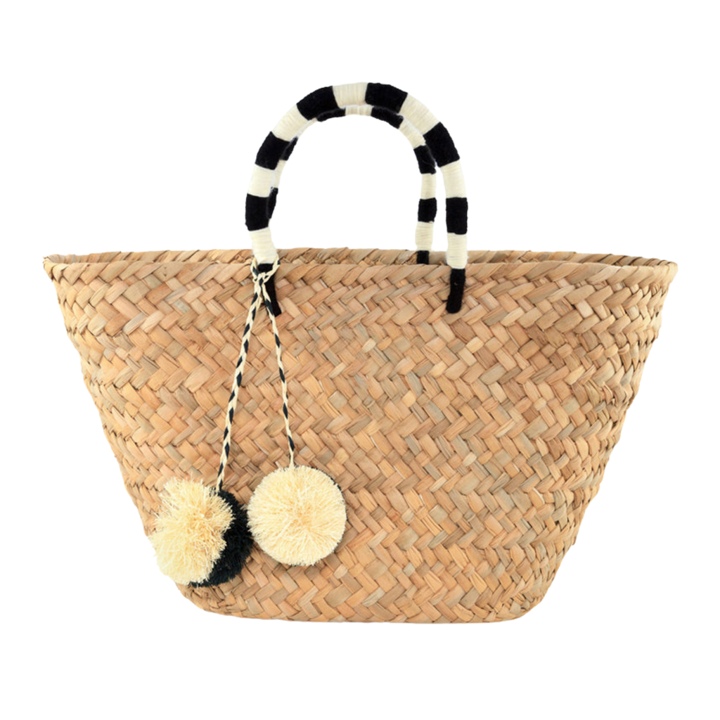 St Tropez Pom Pom Straw Tote in Black and White - The Well Appointed House