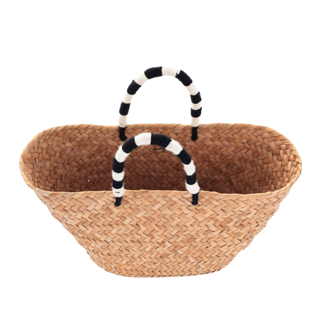 St Tropez Pom Pom Straw Tote in Black and White - The Well Appointed House