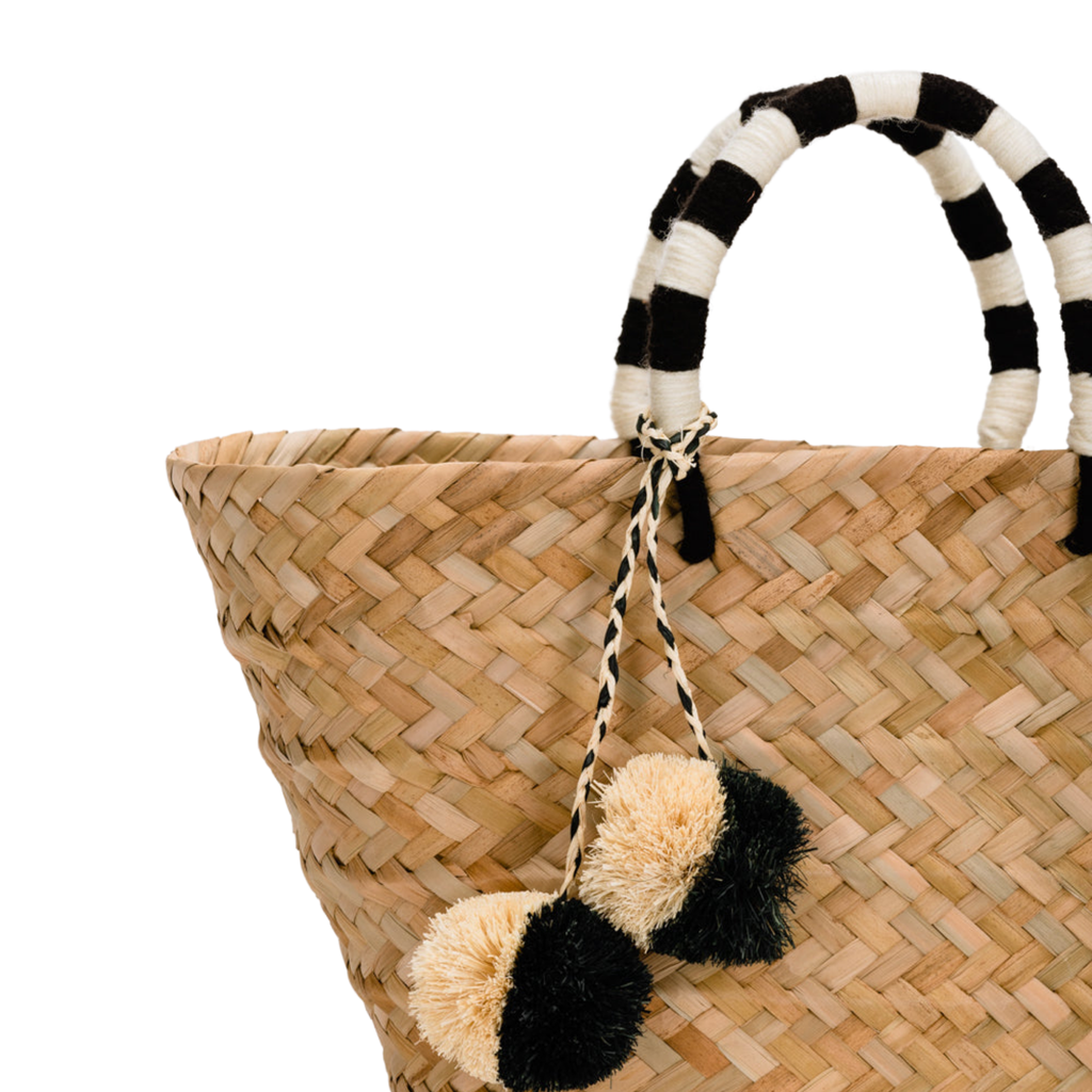 St Tropez Pom Pom Straw Tote in Black and White - The Well Appointed House