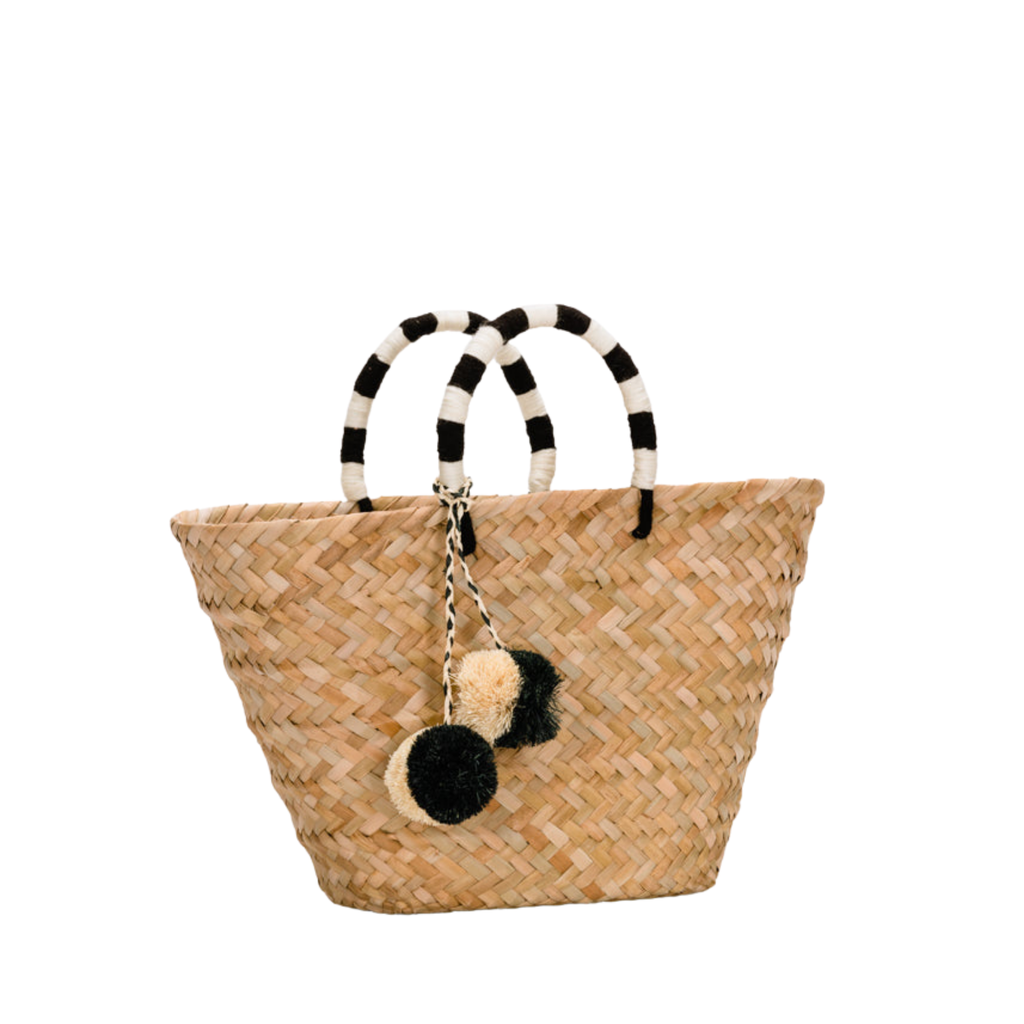 St Tropez Pom Pom Straw Tote in Black and White - The Well Appointed House