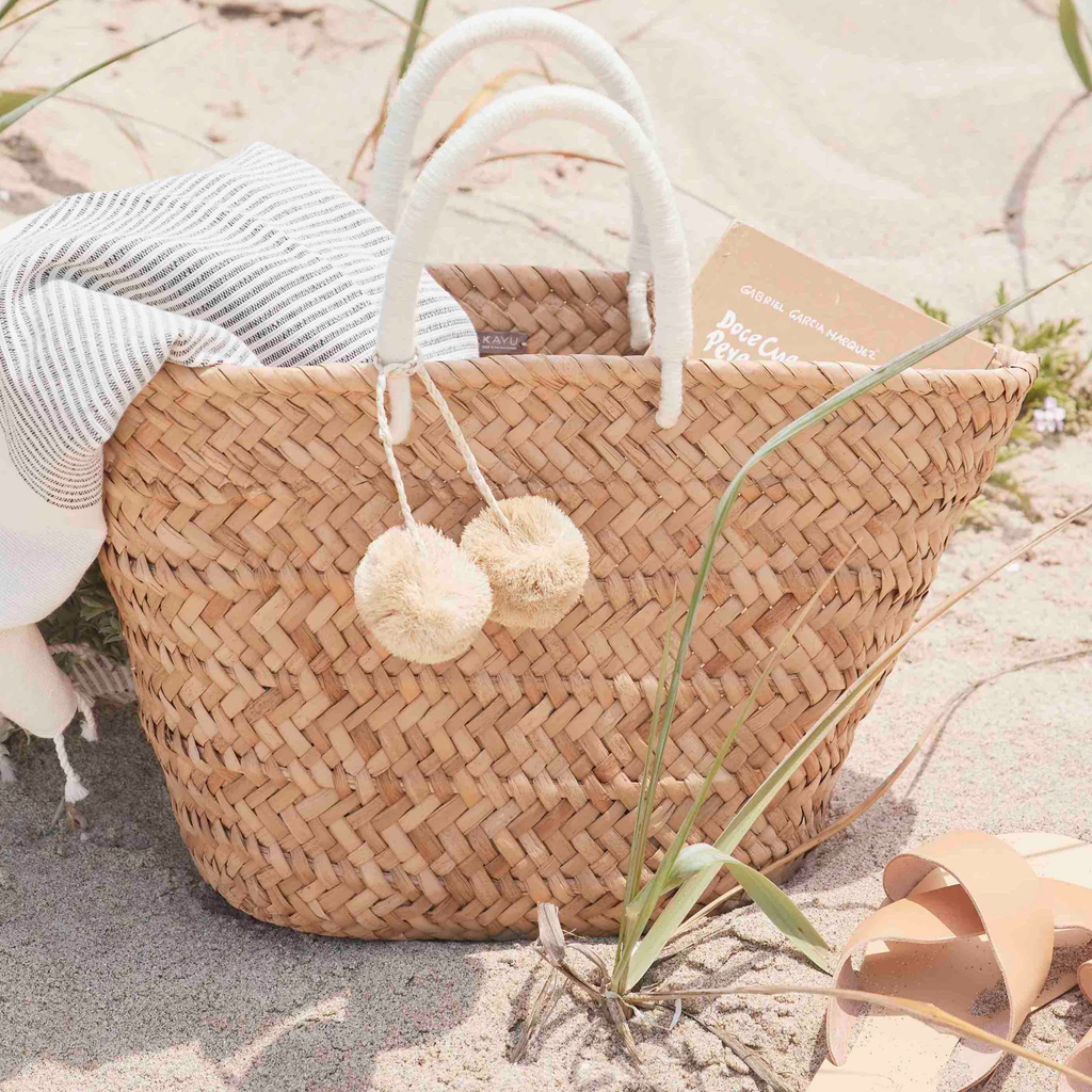 St Tropez Pom Pom Straw Tote in Ivory - The Well Appointed House