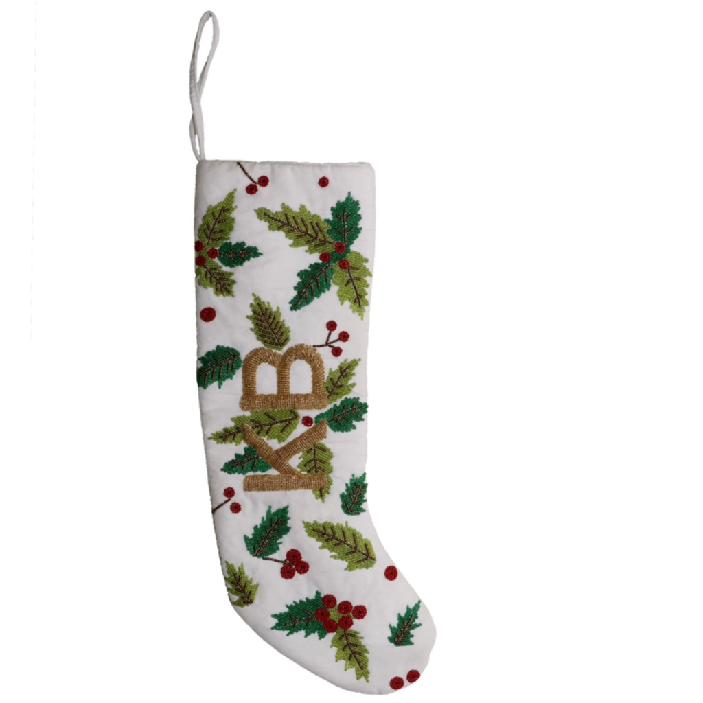 Beaded Holly Christmas Stocking - The Well Appointed House