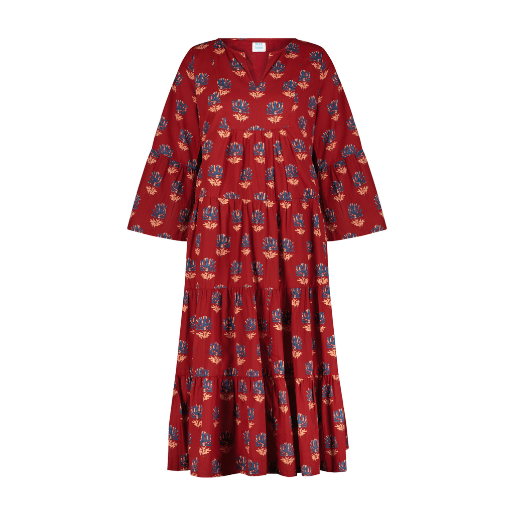 Suri Women's Bell Sleeve Dress in Bordeaux Block Print - The Well Appointed House