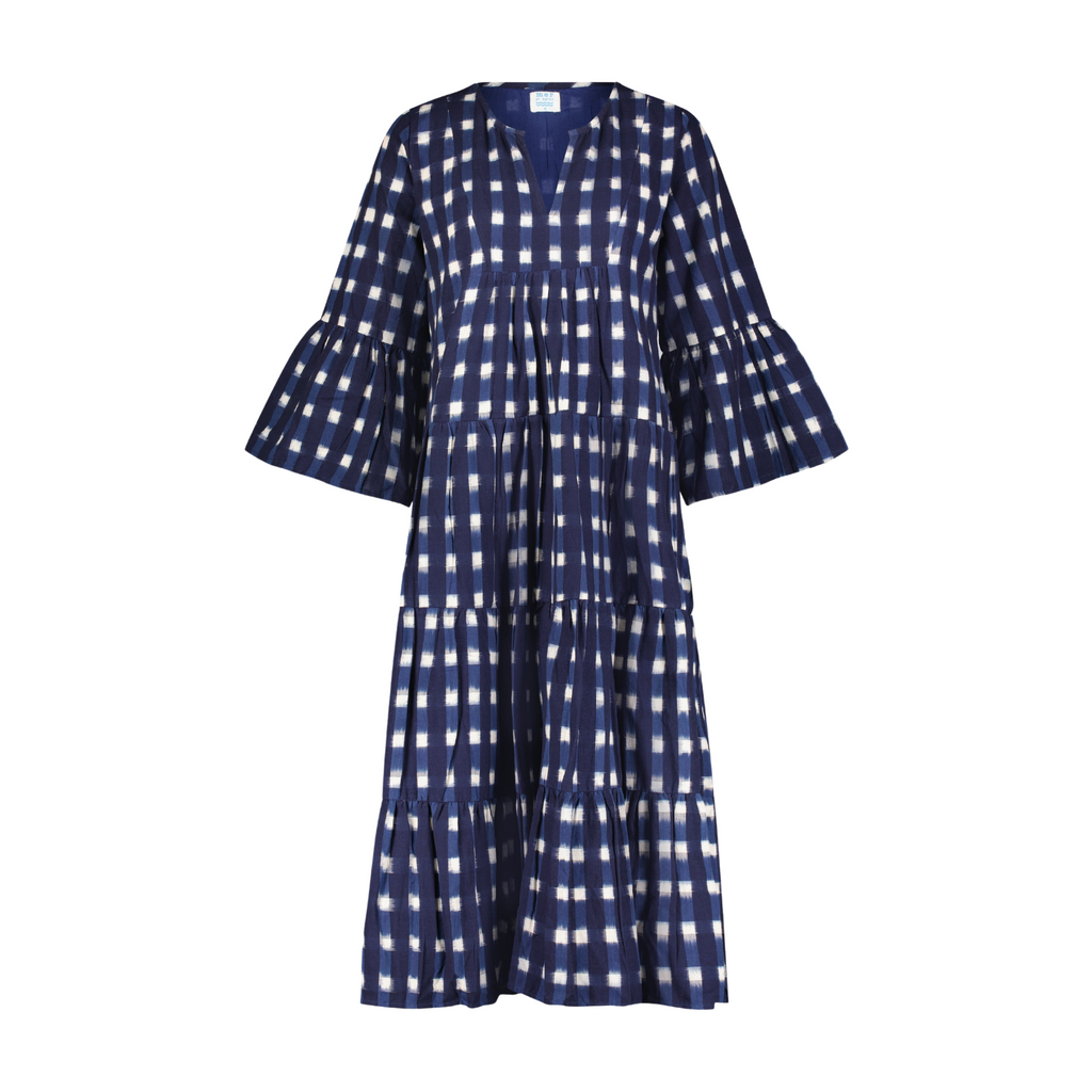 Suri Women's Bell Sleeve Dress in Midnight Blue Ikat - The Well Appointed House