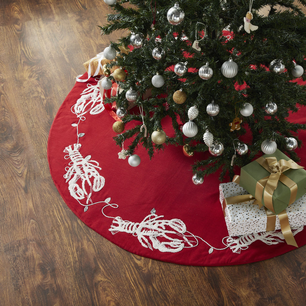 Handmade Christmas Tree Skirt - Lobsters on Red Cotton - 60" - The Well Appointed House