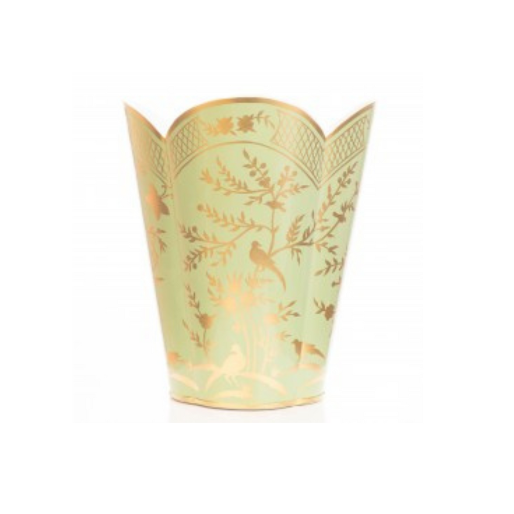 Green & Gold Chinoiserie Scalloped Wastepaper Basket - The Well Appointed House