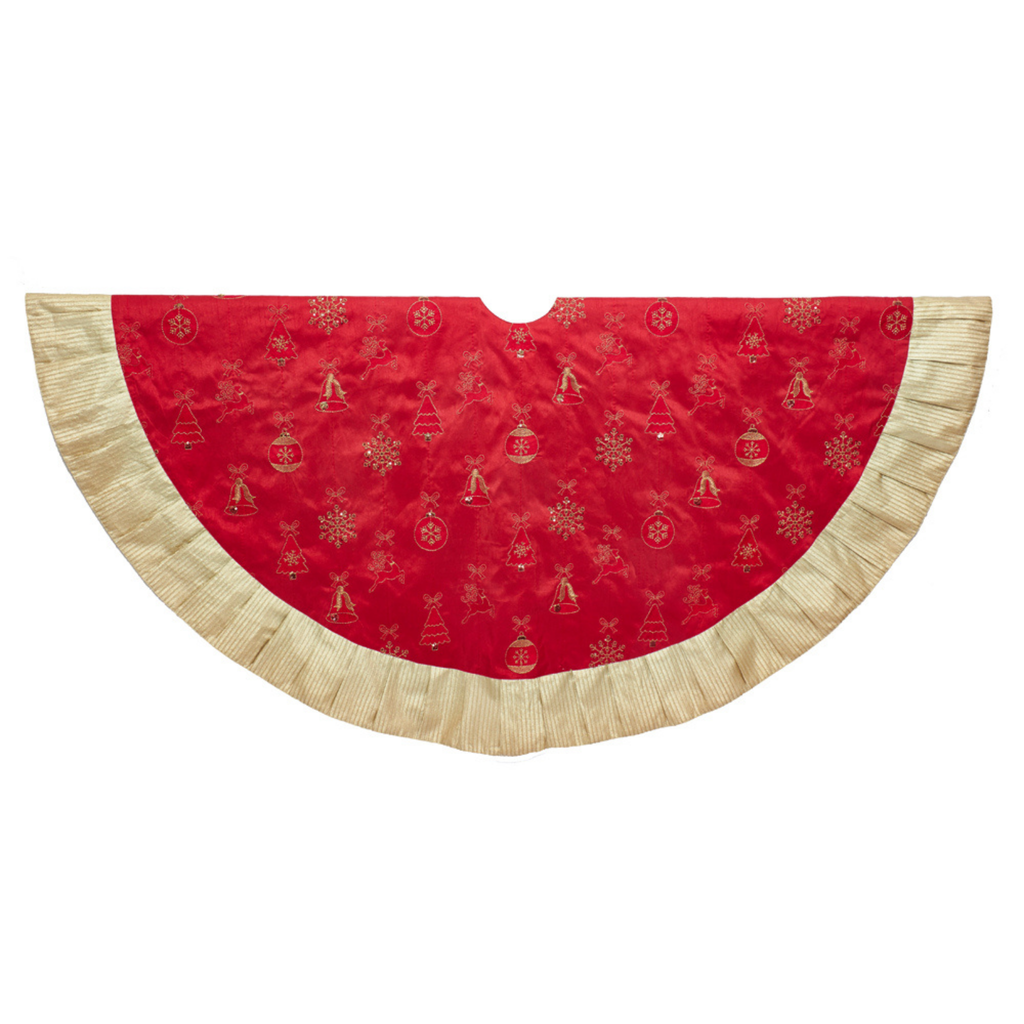 60" Red With Gold Embroidered Ornaments Tree Skirt- The Well Appointed House