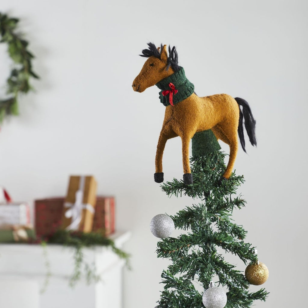 Handmade Hand Felted Wool Christmas Tree Topper - Horse with Wreath - The Well Appointed House