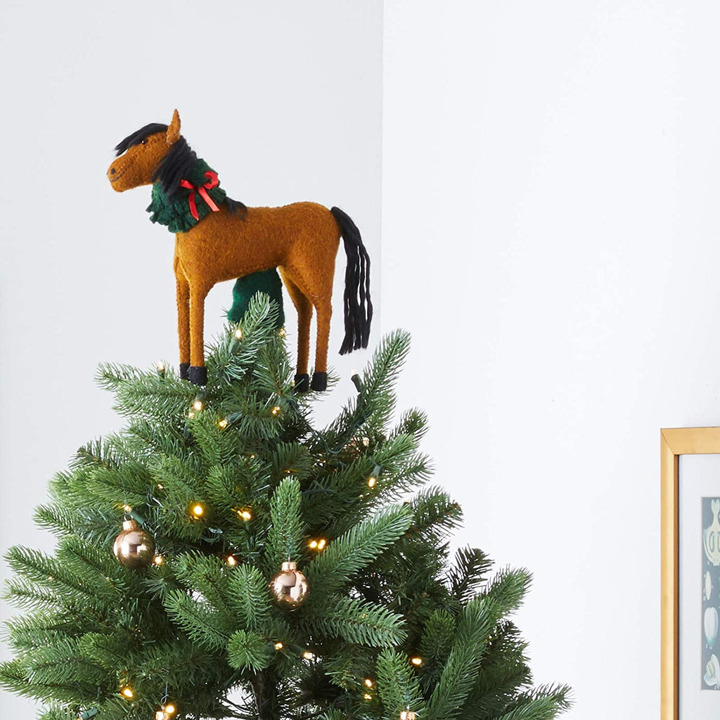 Handmade Hand Felted Wool Christmas Tree Topper - Horse with Wreath - The Well Appointed House