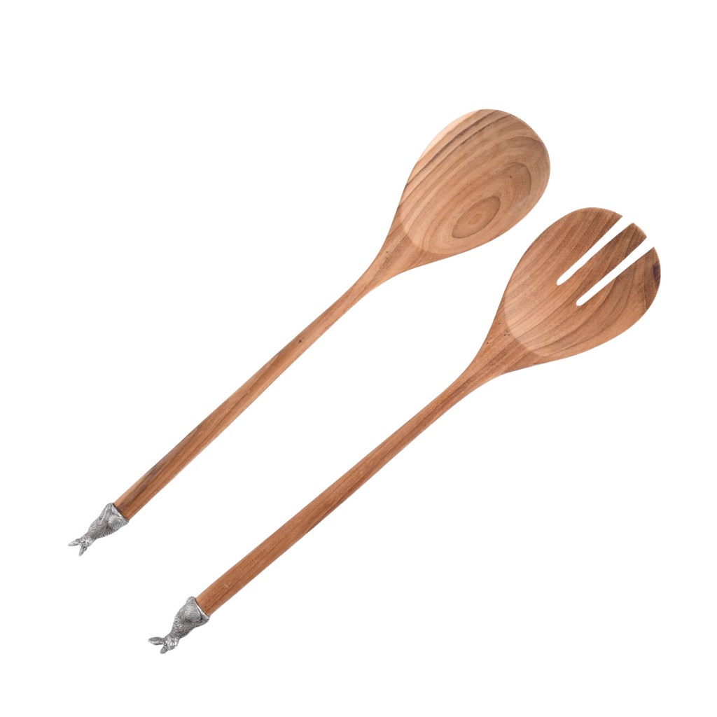 Teak Salad Servings with Pewter Bunny End - The Well Appointed House