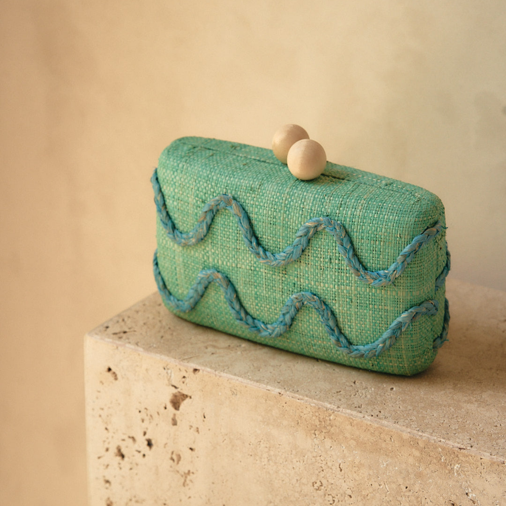 Tierra Embroidered Straw Clutch Bag in Green - The Well Appointed House