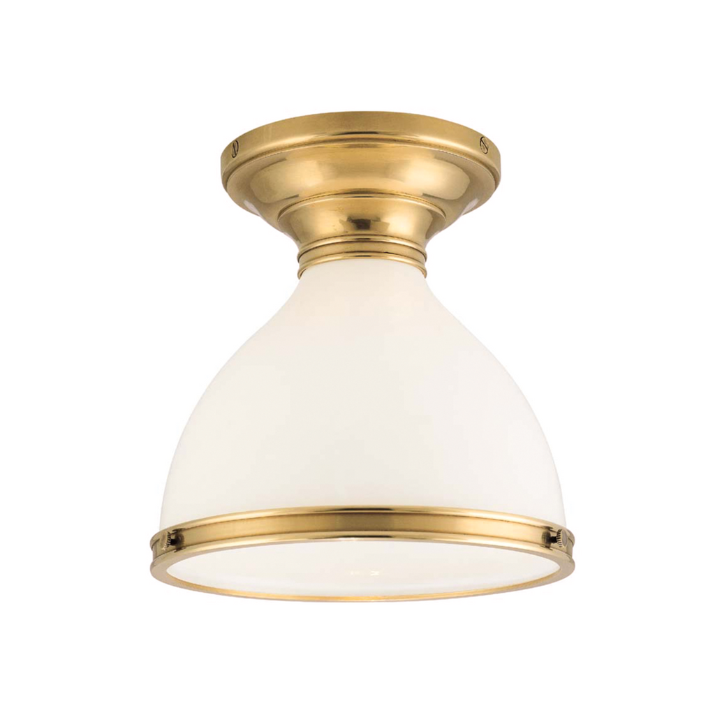 Randolph Round Opal Glass Ceiling Light in Aged Brass Finish - The Well Appointed House