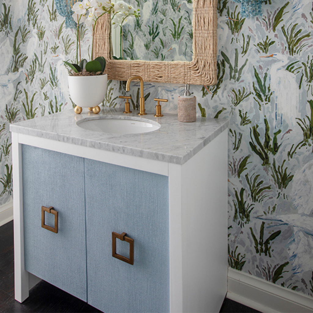 April White Bathroom Vanity With Marble Top & Blue Linen Doors - The Well Appointed House
