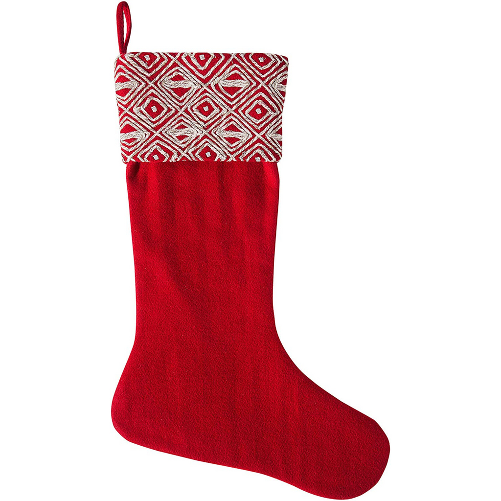 Red Christmas Stocking with Geo Embroidered Cuff in Recycled Wool - The Well Appointed House 