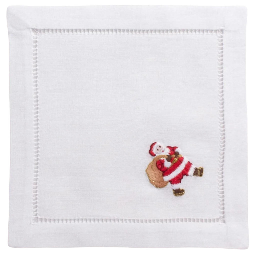 Set of 4 White Cotton Santa Christmas Cocktail Napkins - Christmas Cocktail Napkins - The Well Appointed House