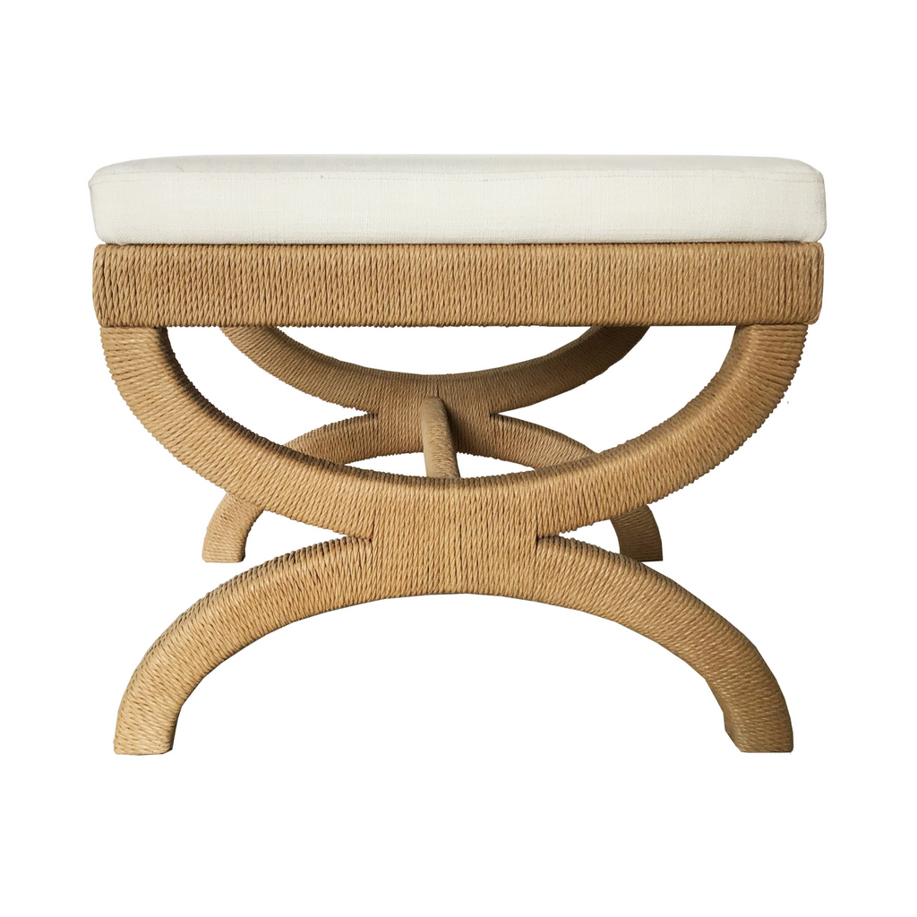 Xanadu White Linen Upholstered Stool With Rope Wrapped Frame - The Well Appointed. House