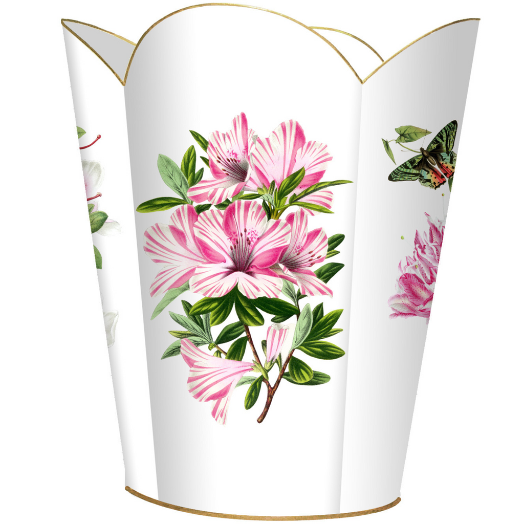 Azaleas on White Wastepaper Basket and Optional Tissue Box Cover - Wastebasket - The Well Appointed House