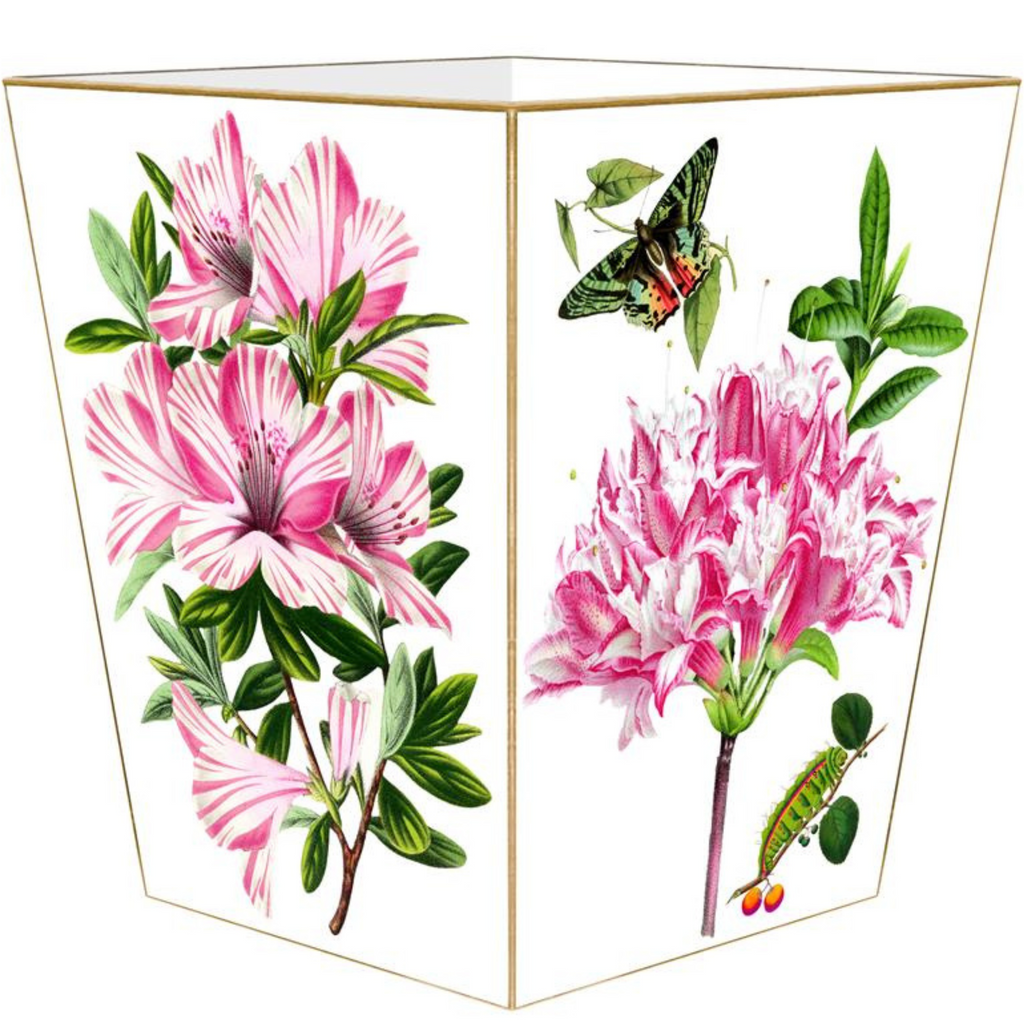 Azaleas on White Wastepaper Basket and Optional Tissue Box Cover - Wastebasket - The Well Appointed House
