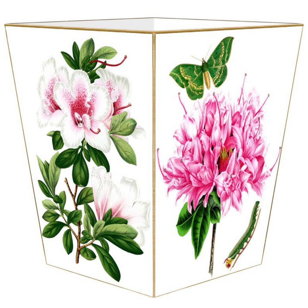 Azaleas on White Wastepaper Basket and Optional Tissue Box Cover - Wastebasket - The Well Appointed House