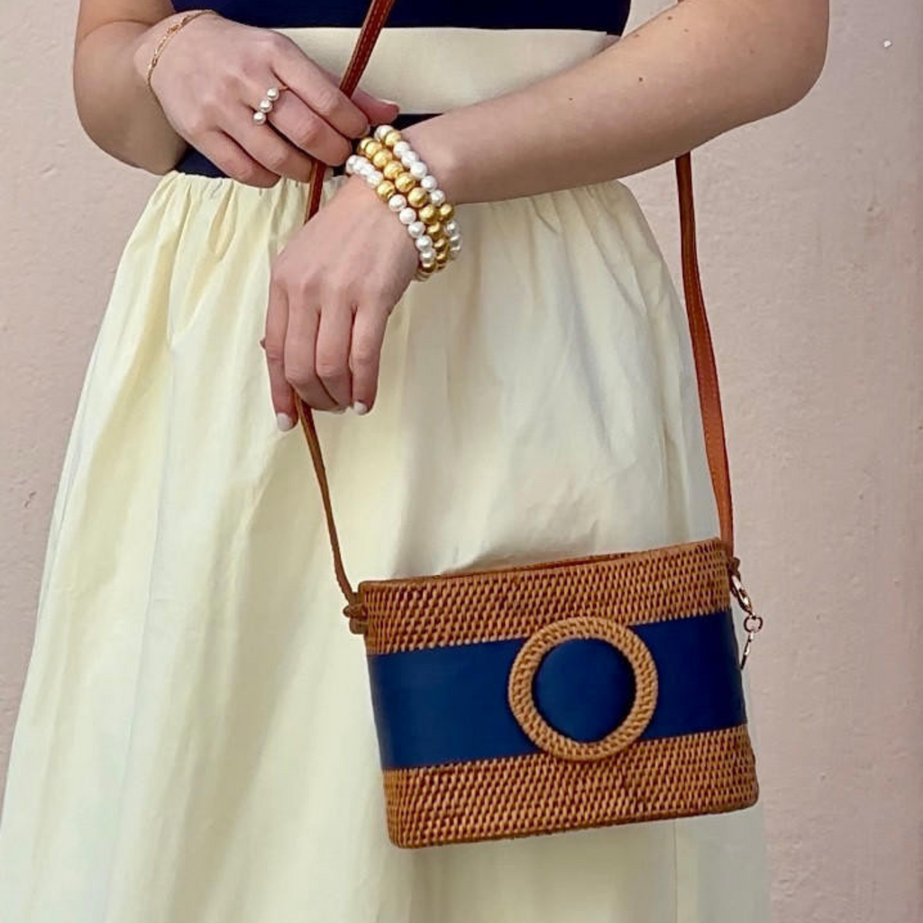 Charlotte Small  Bali Round Handbag With Navy Band - The Well Appointed House