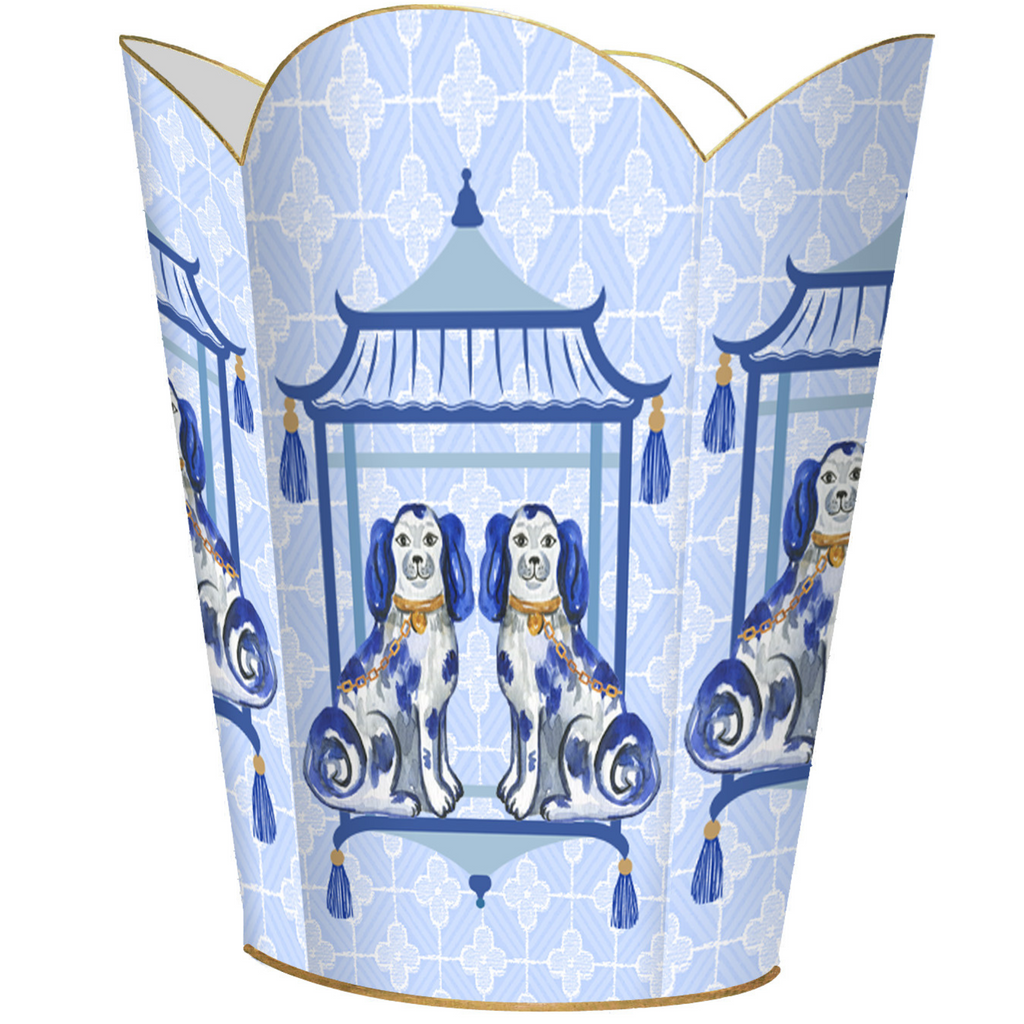 Blue Staffordshire Chic Dogs on Blue Wastepaper Basket and Optional Tissue Box Cover - Wastebasket - The Well Appointed House