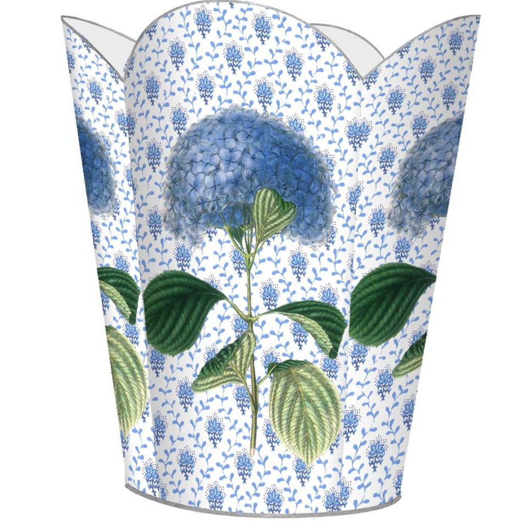 Blue Hydrangea on Provencial Print Wastepaper Basket and Optional Tissue Box Cover - Wastebasket - The Well Appointed House