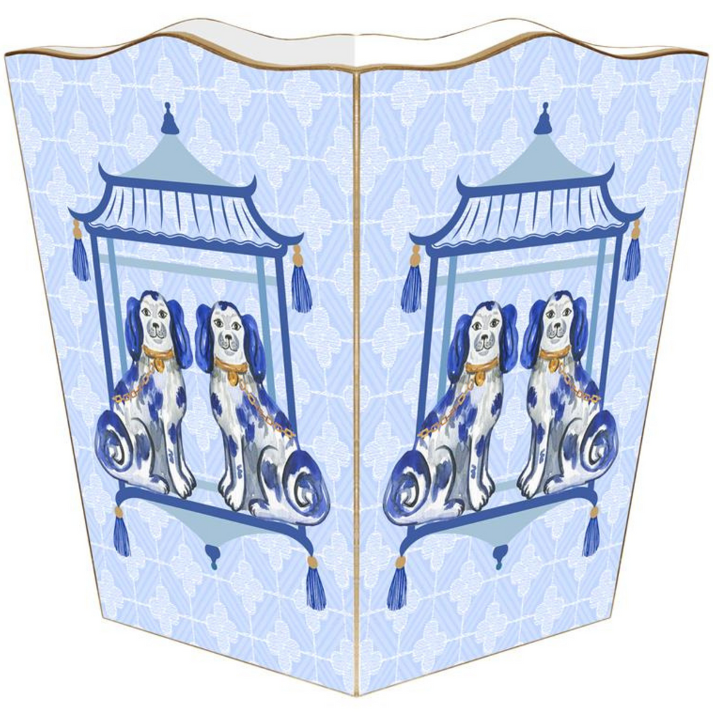 Blue Staffordshire Chic Dogs on Blue Wastepaper Basket and Optional Tissue Box Cover - Wastebasket - The Well Appointed House
