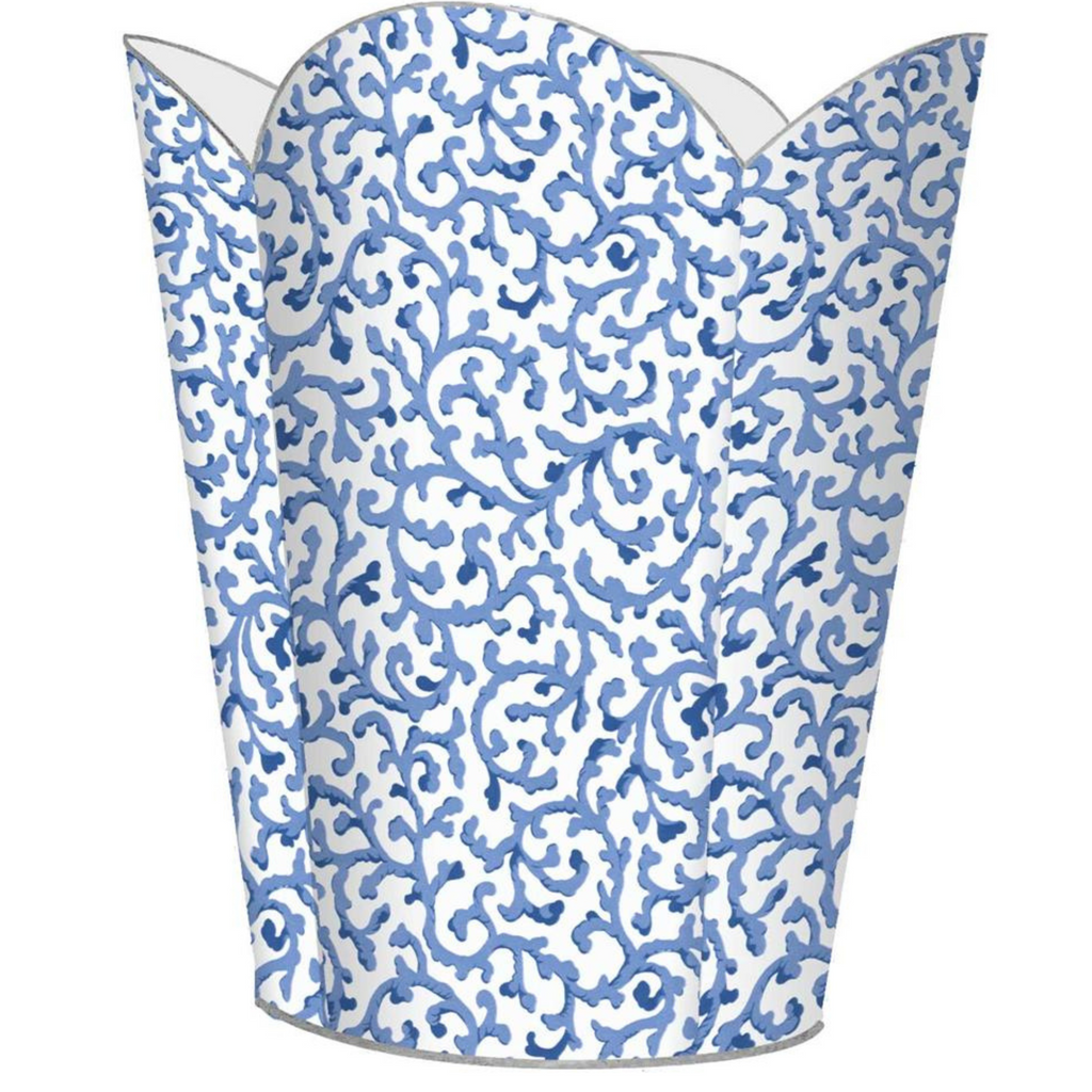 Blue Waverly Scroll Wastepaper Basket and Optional Tissue Box Cover - Wastebasket - The Well Appointed House