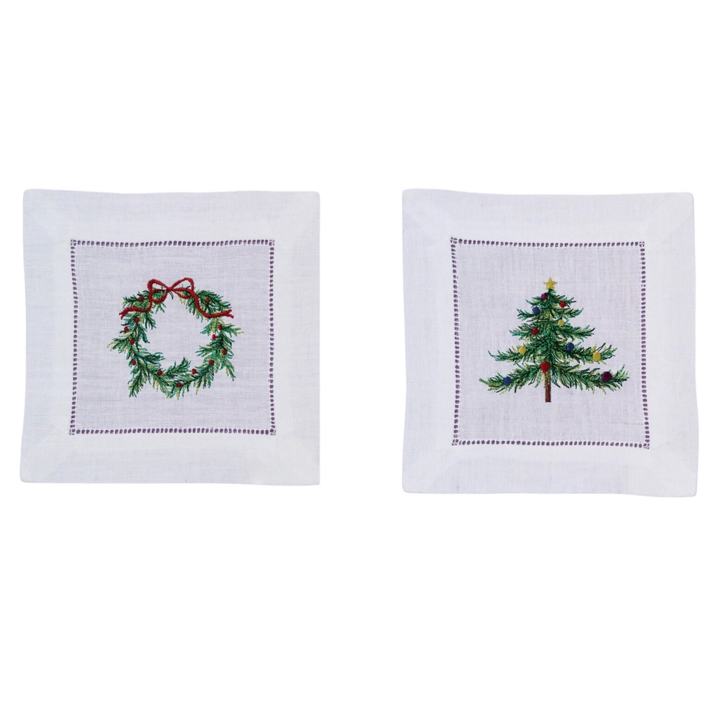 Set of 12 Christmas Wreath & Tree Cocktail Napkins - The Well Appointed House