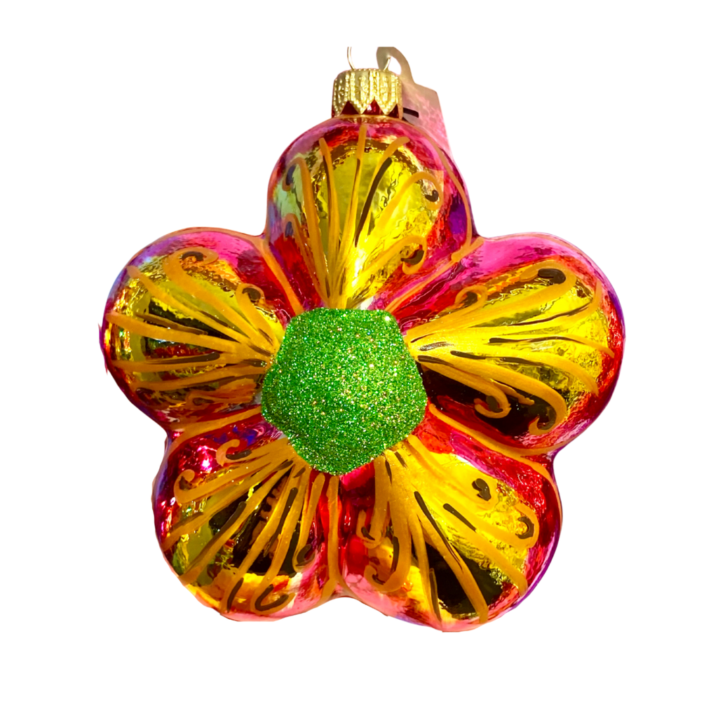 Ruby Flower Frenzie Hibiscus Blown Glass Christmas Ornament - The Well Appointed House