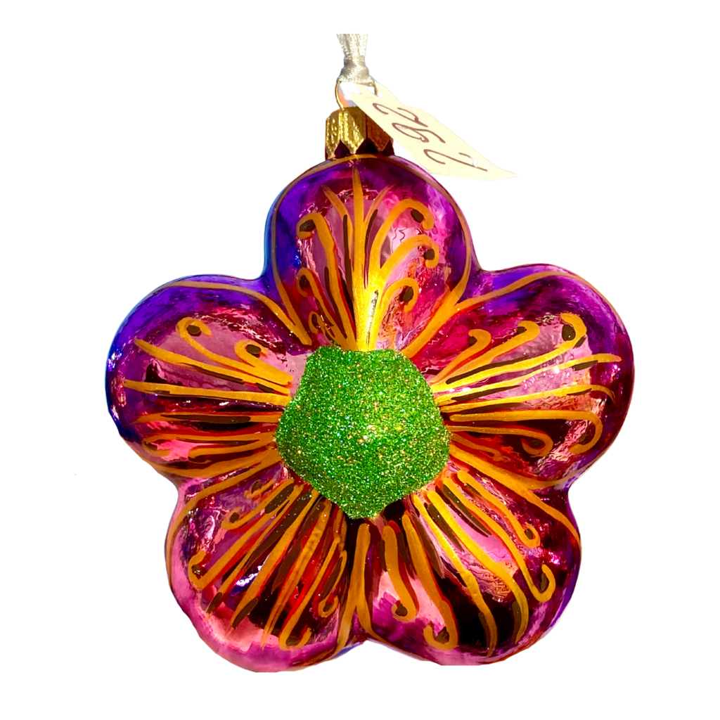 Ruby Flower Frenzie Hibiscus Blown Glass Christmas Ornament - The Well Appointed House