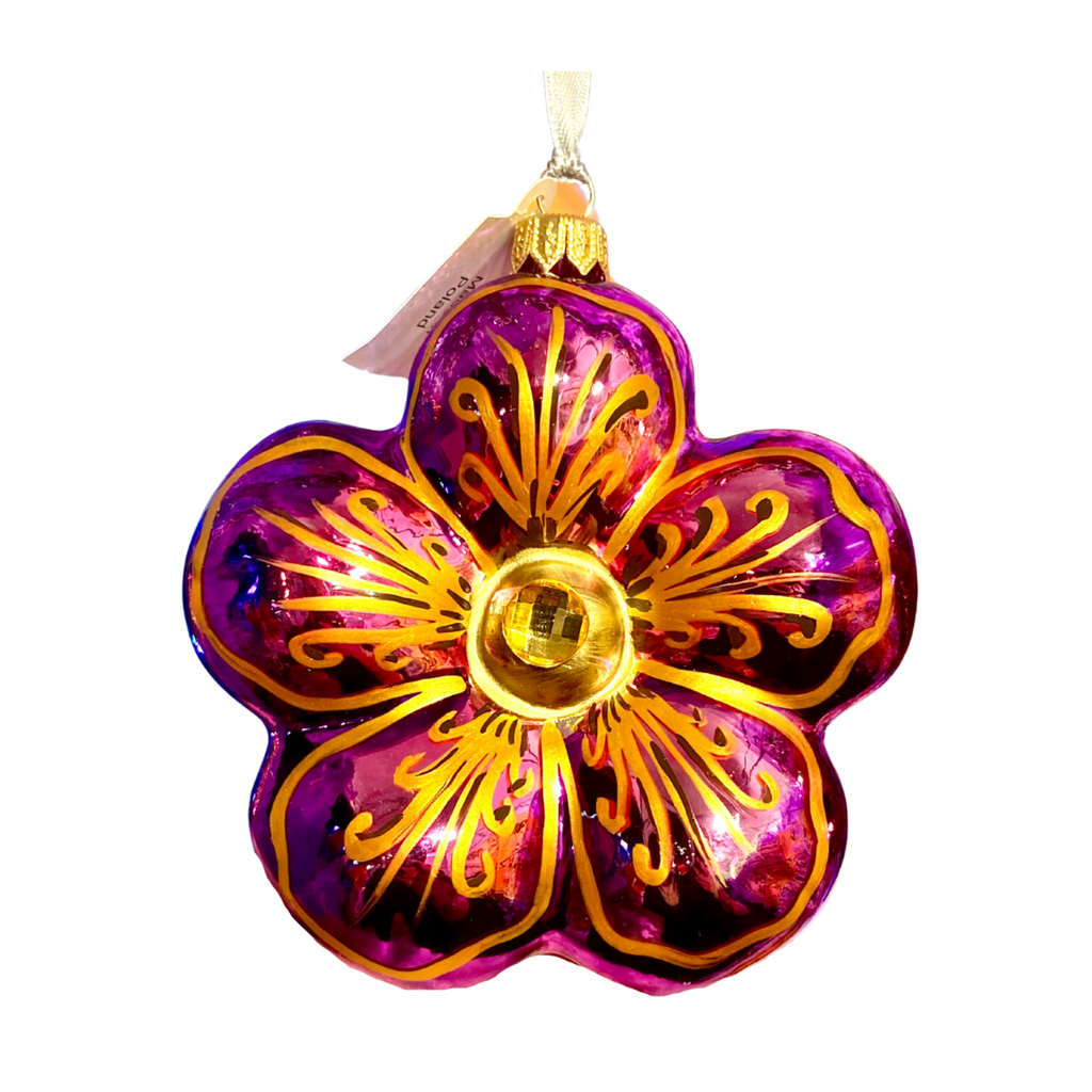 Ruby Flower Frenzie Hibiscus Blown Glass Christmas Ornament - The Well Appointed House