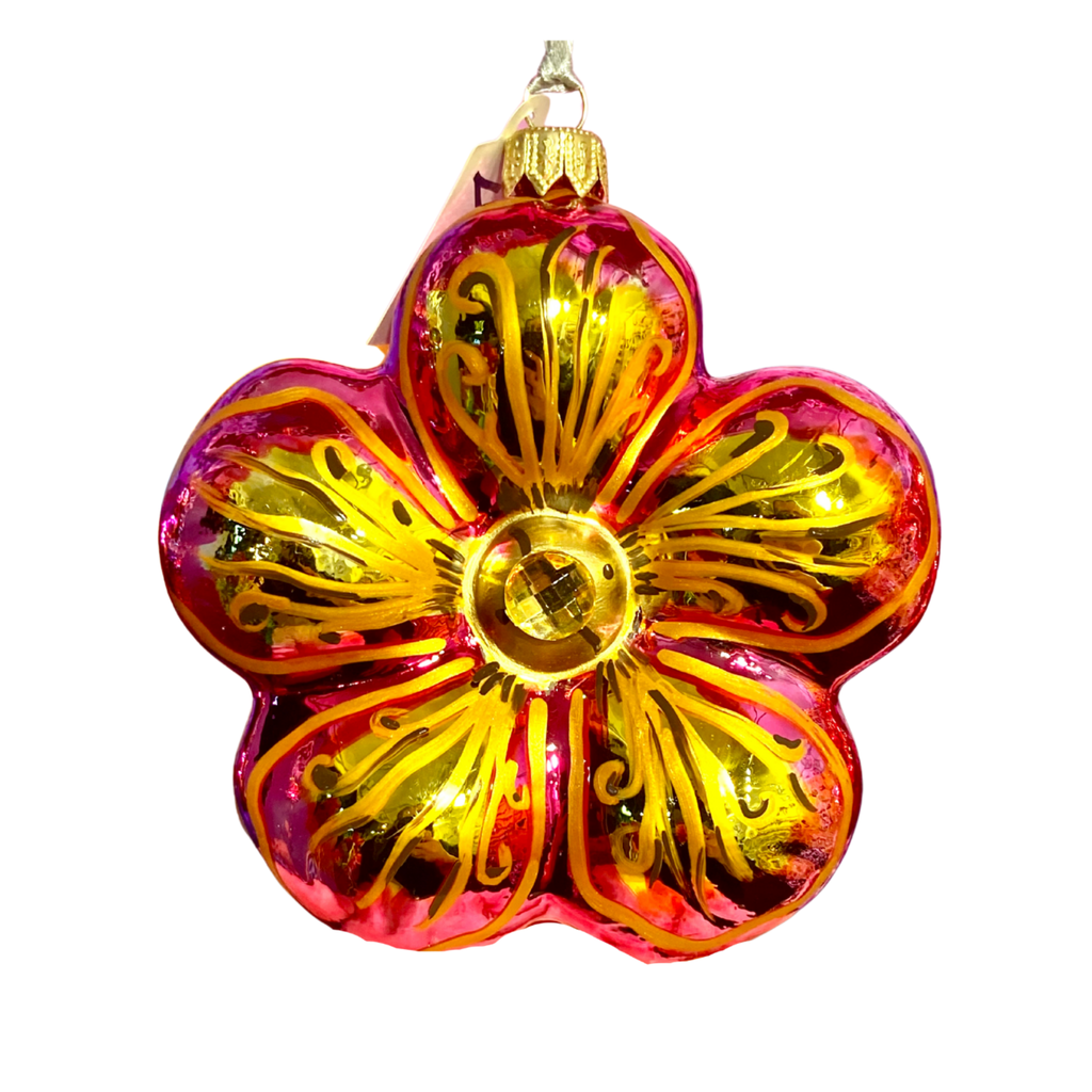 Ruby Flower Frenzie Hibiscus Blown Glass Christmas Ornament - The Well Appointed House