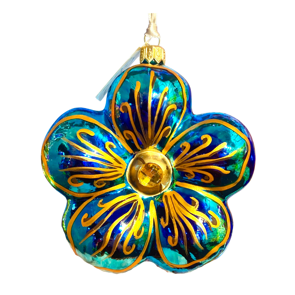 Topaz Flower Frenzie Hibiscus Blown Glass Christmas Ornament - The Well Appointed House