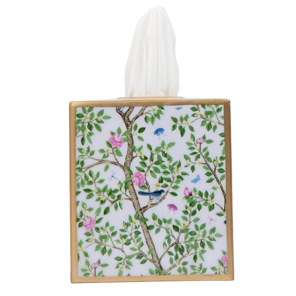 Garden Motif Blue and Pink Enameled Tulip Wastebasket and Optional Tissue Box - The Well Appointed House 