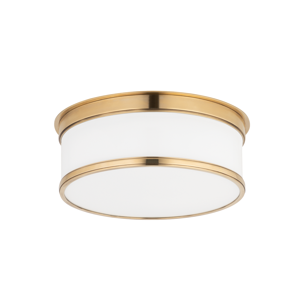 Geneva Round Flush Mount Ceiling Light in Aged Brass Finish - The Well Appointed House