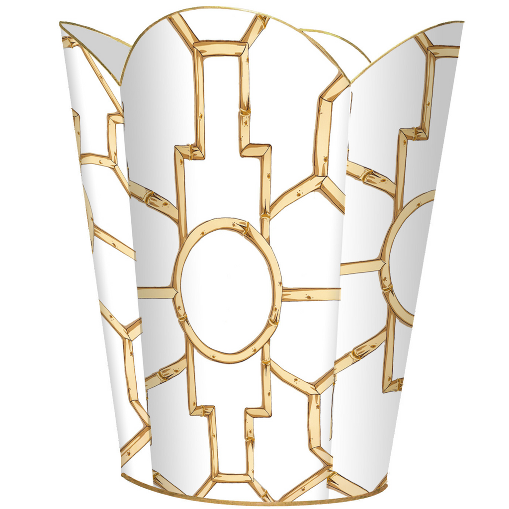 Gold Bamboo on White Decoupage Wastebasket and Optional Tissue Box Cover - Wastebasket Sets - The Well Appointed House