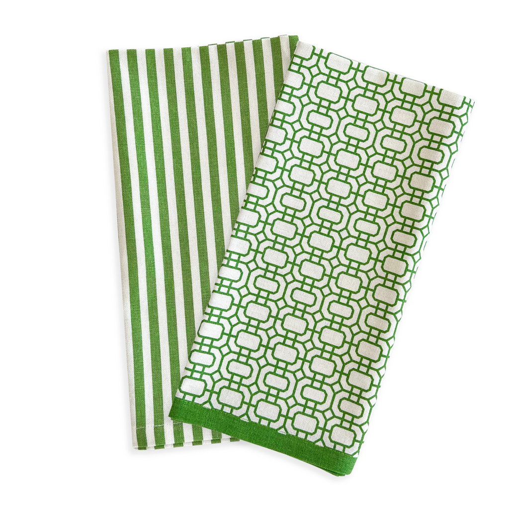 Set of Two Newport Garden Gate & Pinstripe Verde Kitchen Towels - The Well Appointed House