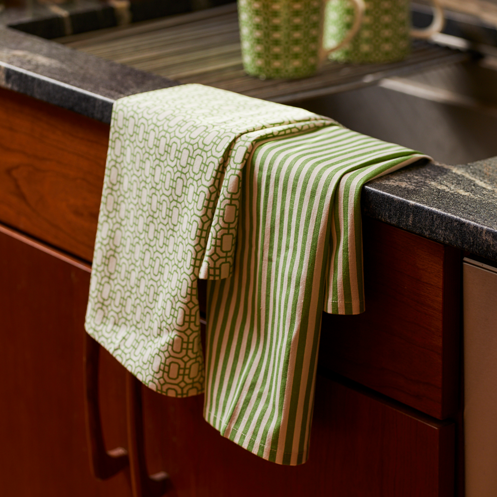 Set of Two Newport Garden Gate & Pinstripe Verde Kitchen Towels - The Well Appointed House