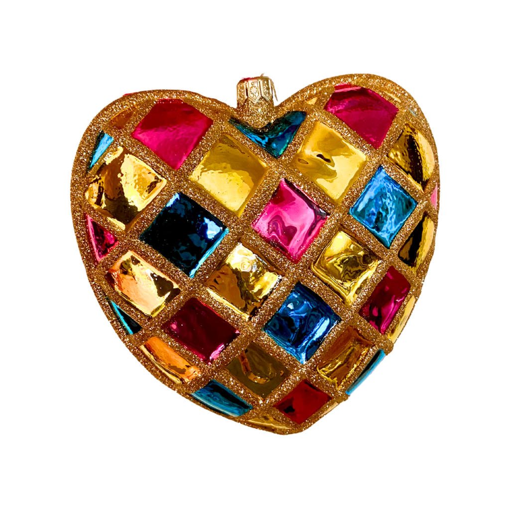 Harlequin Waffle Heart Blown Glass Christmas Ornament- The Well Appointed House