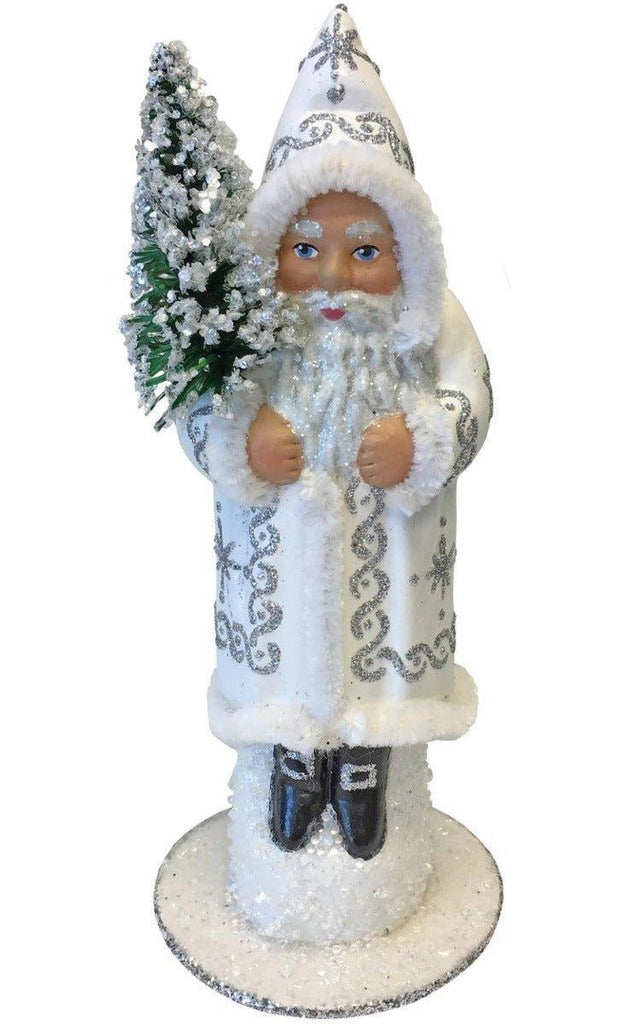 Ino Schaller Paper Mache Santa In White & Silver Coat Candy Container Christmas Decoration - Christmas Decor - The Well Appointed House