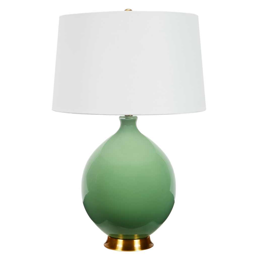 Large Round Green Ceramic Lamp with White Linen Shade - The Well Appointed House 