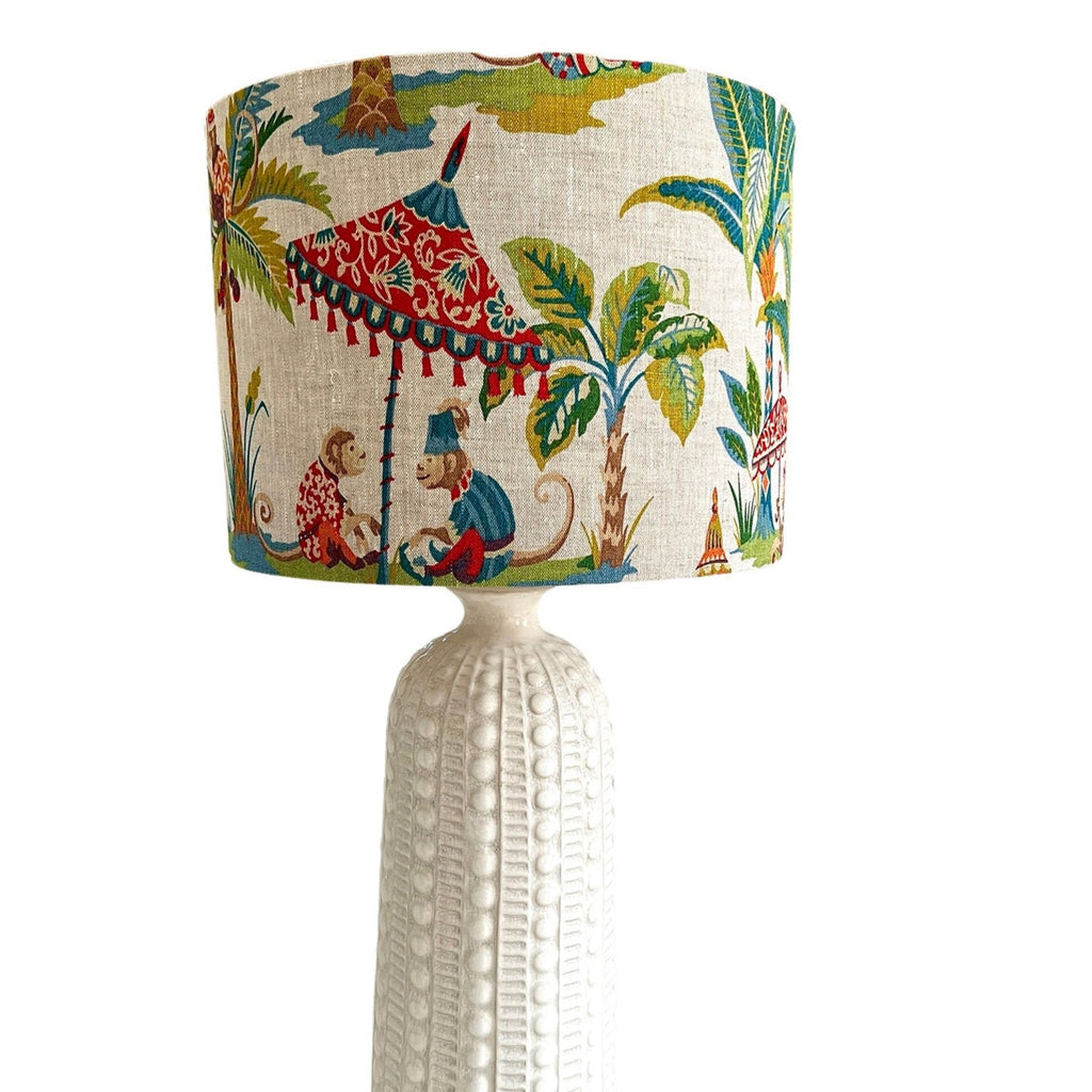 Liz in Monkey Linen Bespoke Drum Lampshade - The Well Appointed House 