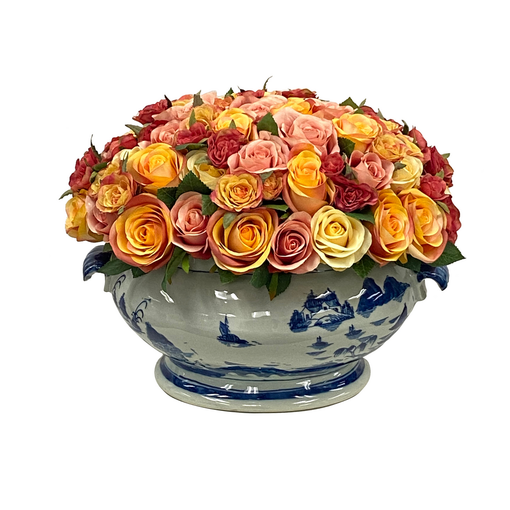 Mixed Rose Centerpiece in Blue and White Bowl - The Well Appointed House 