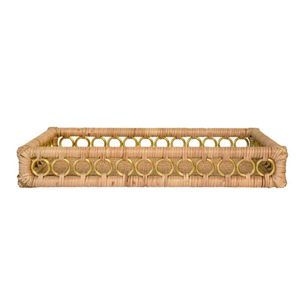 Natural Rattan Rectangular Decorative Tray with Brass Accents - The Well Appointed House 