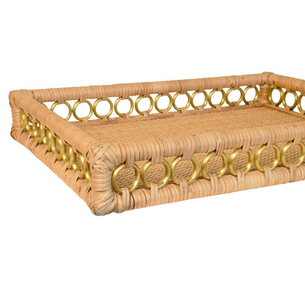 Natural Rattan Rectangular Decorative Tray with Brass Accents - The Well Appointed House 